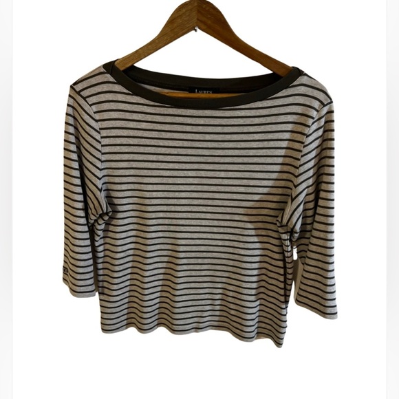 LAUREN RALPH LAUREN SWEATER TOP 3/4 SLEEVE‎ BEIGE WITH STRIPES OLIVE GREEN L - Picture 2 of 16
